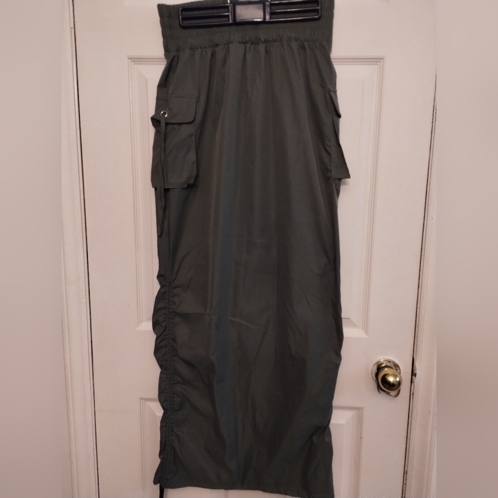Olive Green Maxi Drawstring At The Bottom Skirt with Pockets
